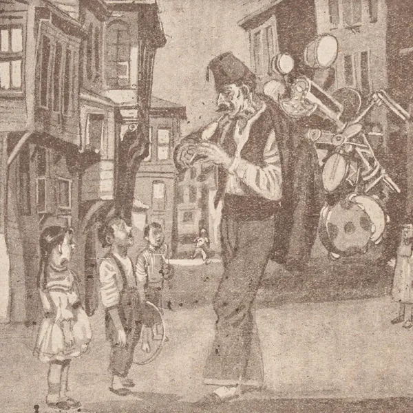 Münih Fehim'in Yeni Tarih dergisinin 5 Mayıs 1957 tarihli sayısındaki çizimiyle Eyüp oyuncakları satan bir seyyar satıcı