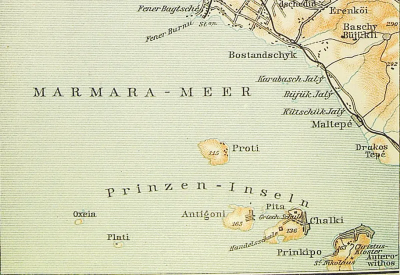 Baedeker rehberinde Boğaz Haritası, Konstantinopel, Balkanstaaten, Kleinasıen, Archipel, Cypern, Leipzig 1914, Renkli baskı