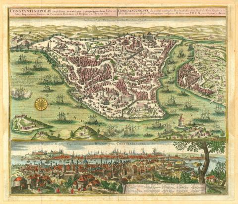 RESİM 7: G.M. Seutter. Haliç panoramalı kuş bakışı İstanbul haritası. Augsburg 1730. Bakır baskı Haliç panoramalı kuş bakışı İstanbul haritası