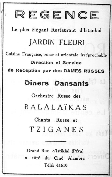 Ruslar tarafından Turkuaz Lokantası'nın yerine açılan Rejans'a ait Fransızca bir gazete ilanı