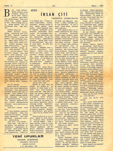 “İNSAN ÇİTİ” A DERGİSİNİN YİRMİ SEKİZİNCİ SAYISININ ALTINCI SAYFASINDA ÇIKAR (MAYIS, 1960)