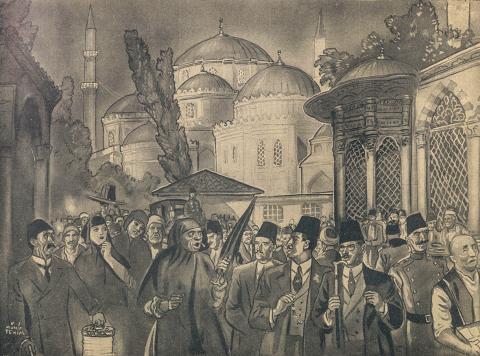 EŞRİYATI “DÜNDEN HATIRALAR”DA ERCÜMENT EKREM ŞÖYLE KALEME ALMIŞ: “ŞEHZADEBAŞI BAYAĞI GÜNLERDE DE AZ ÇOK CANLI BİR SEMTTİ. LÂKİN O, ASIL RAMAZANDA MEŞHER VE MAHŞER KESİLİR, YERİNDE BİR TÂBİR İLE ALLAH ALLAH KALKARDI.” (RESİMLEYEN: MÜNİF FEHİM / İBB ATATÜRK KİTAPLIĞI ARŞİVİ)